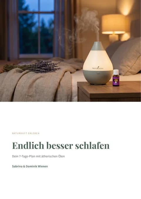 Titelseite des PDFs „Endlich besser schlafen — Dein 7-Tage-Plan mit ätherischen Ölen" — eine Frau liest im Bett, daneben ein Diffuser