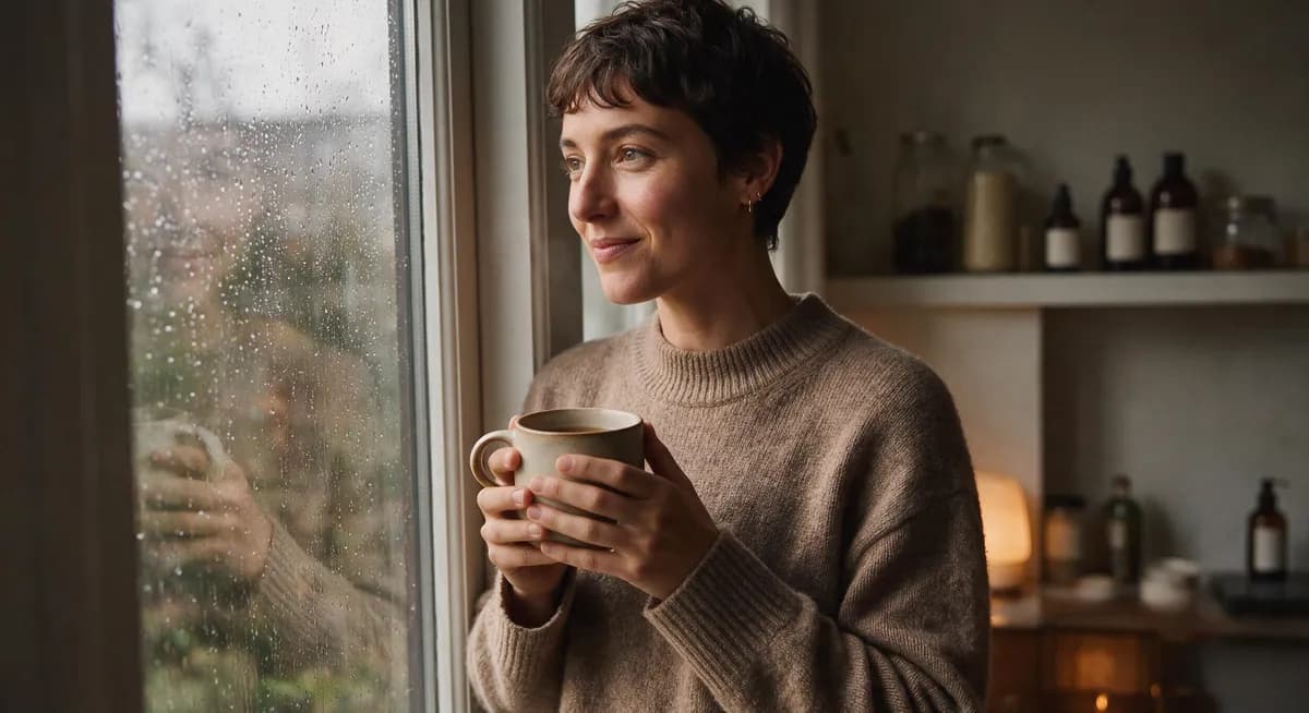 Frau mit Becher blickt lächelnd aus dem Regenfenster