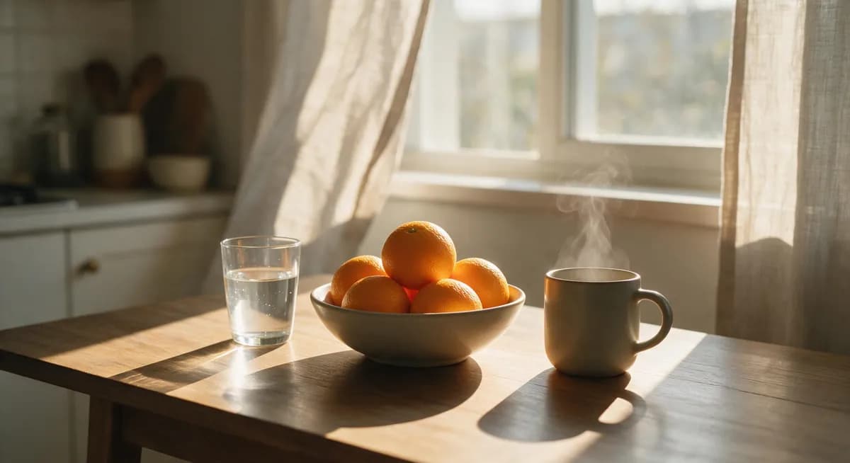 Sonniger Küchentisch mit Orangen, Wasserglas und dampfendem Becher