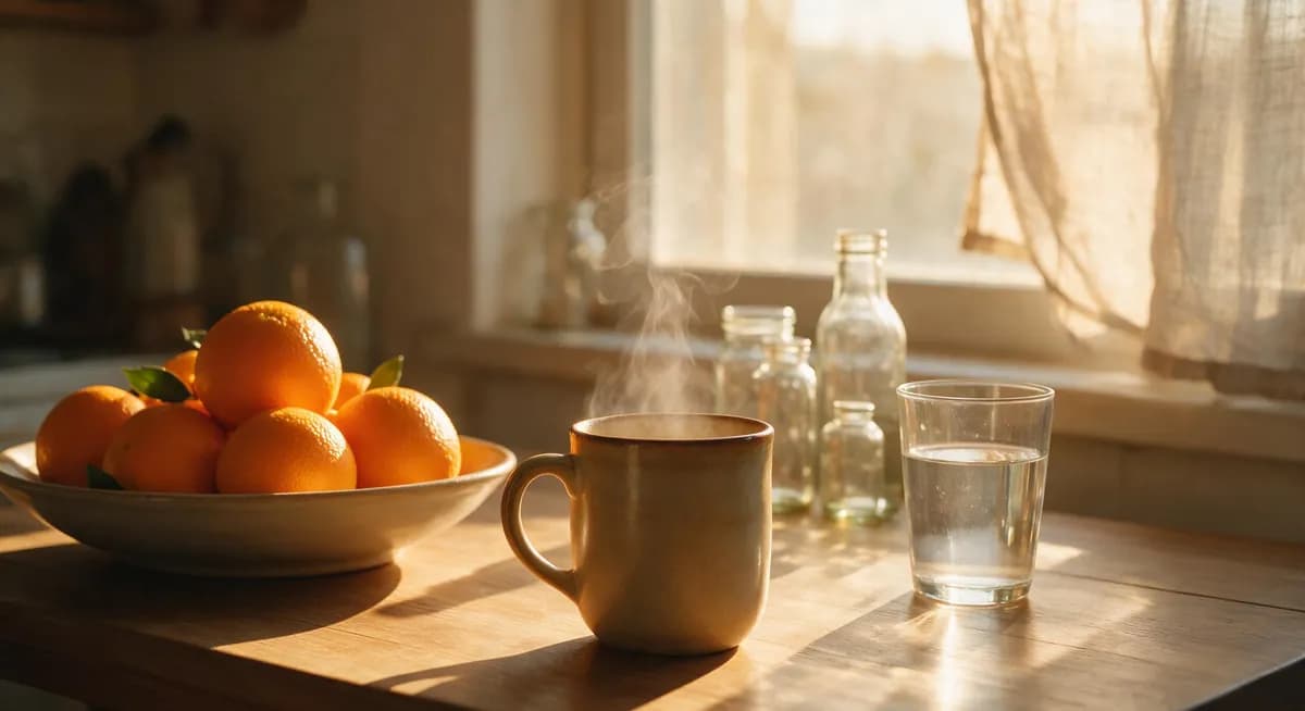 Erfrischende Pause am Fenstertisch mit Tee, Wasser und Orangen
