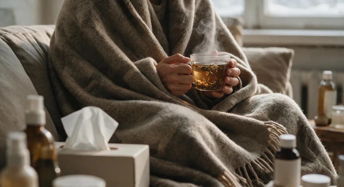 Auf dem Sofa mit Tee und Decke