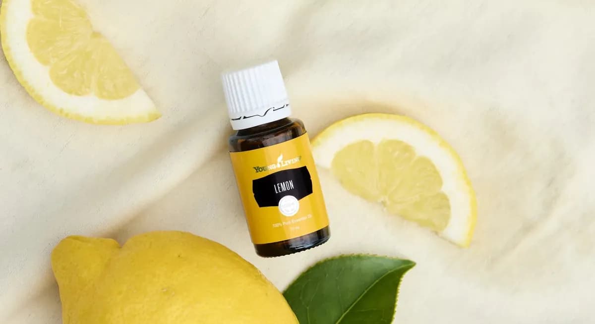 Young Living Zitronenöl zwischen frischen Zitronen