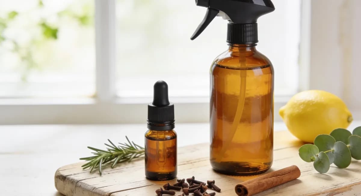 Pipettenfläschchen und Sprühflasche mit Zitrone, Nelken, Zimt und Eukalyptus