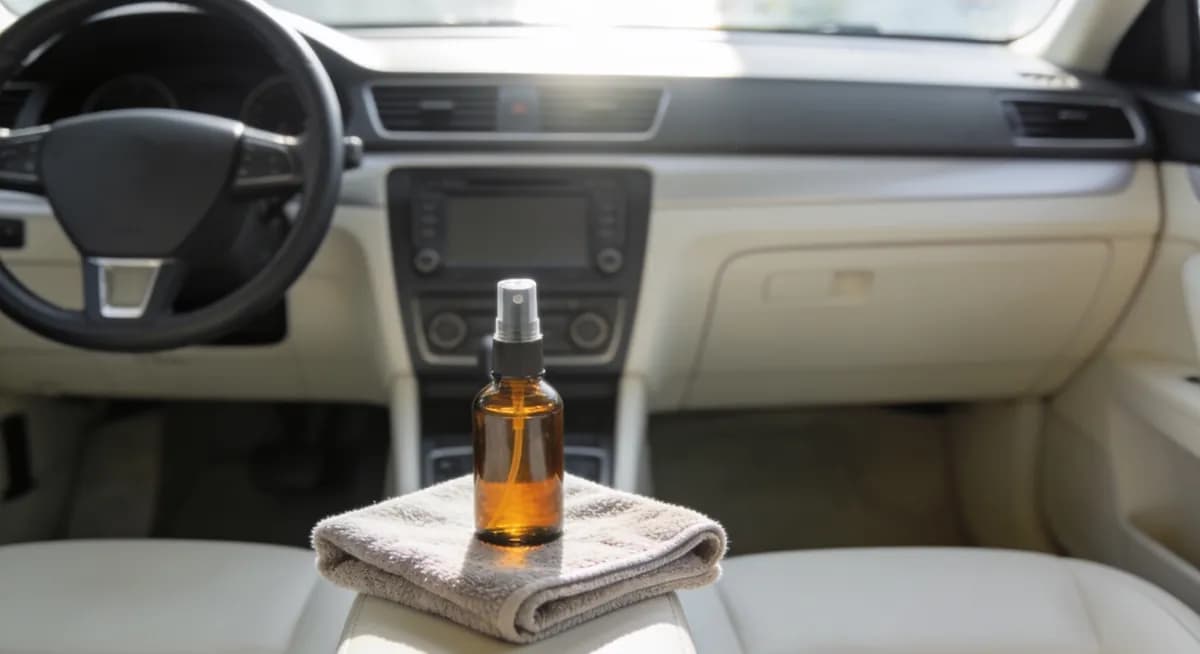 Sprühflasche aus Braunglas auf einem Tuch im Auto