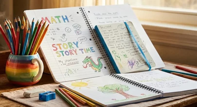 Buntstifte und Hefte auf dem Schreibtisch