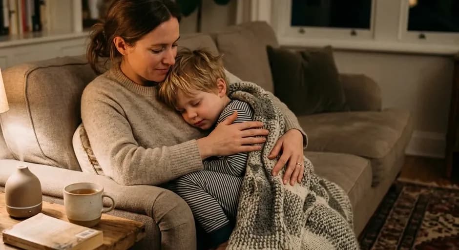 Mutter tröstet Kind auf Sofa