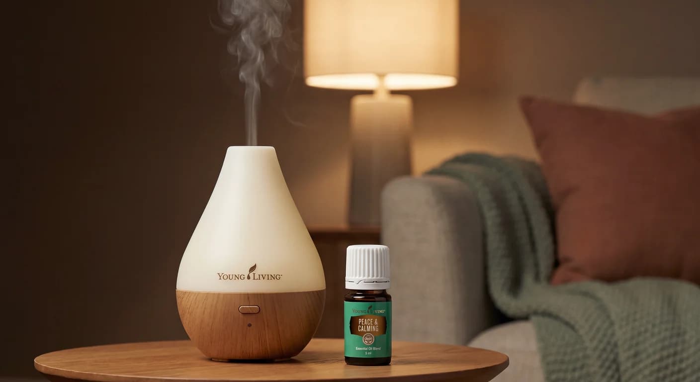 Beistelltisch aus Holz in der Abenddämmerung: ein laufender Diffuser schickt eine feine Nebelfahne nach oben, daneben steht ein Fläschchen Peace & Calming, dahinter leuchtet eine warme Stehlampe neben einem Sofa mit salbeigrüner Strickdecke.