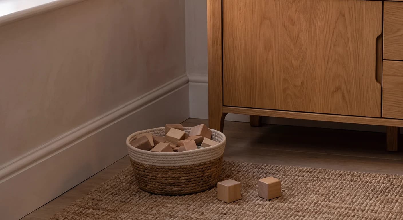 Wohnzimmerecke am Abend: vor einem hellen Eichen-Sideboard steht auf einem Juteteppich ein runder Korb aus Bast und Baumwollkordel, randvoll mit hellen Holzbausteinen; zwei einzelne Bausteine liegen daneben auf dem Teppich.