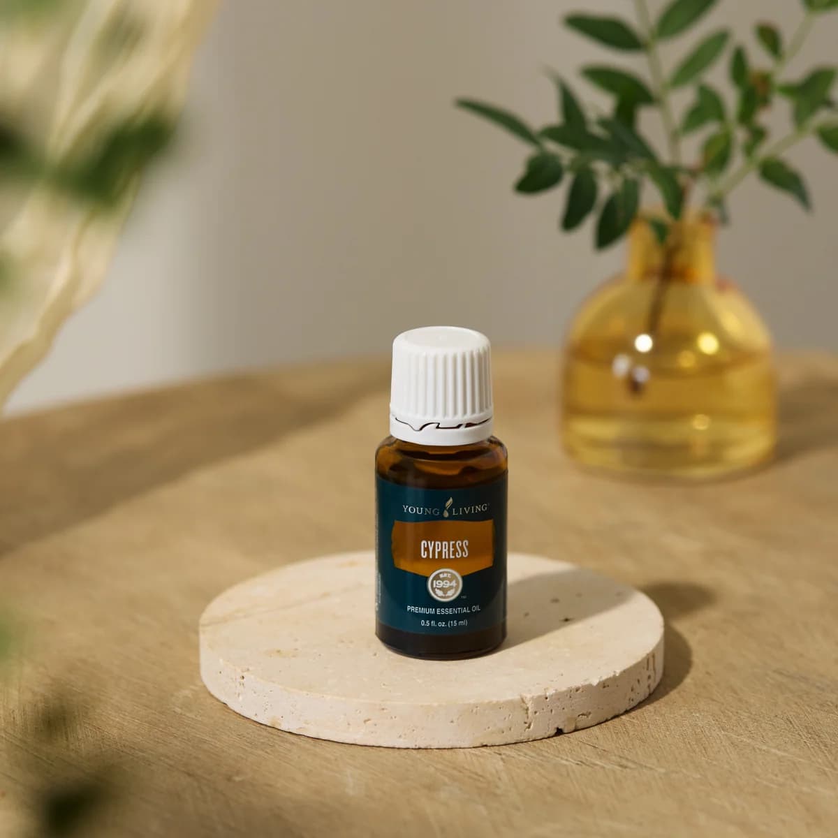 Ein Fläschchen Young Living Zypressenöl 15 ml steht auf einem runden Steinuntersetzer auf einem Holztisch, dahinter eine bernsteinfarbene Vase mit Zweigen.