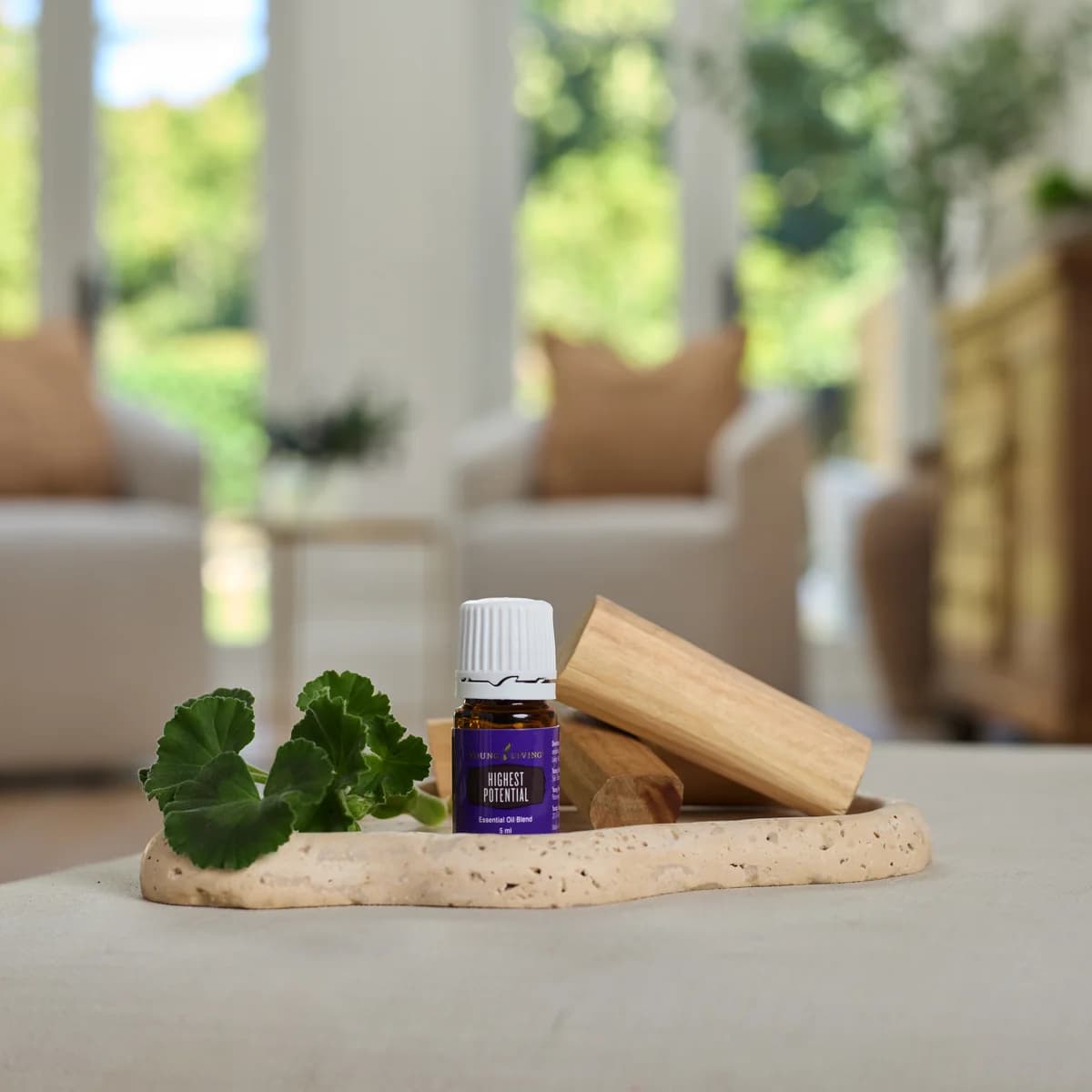 Ein Fläschchen Young Living Highest Potential 5 ml steht auf einem Travertintablett neben Holzblöcken und Geranienblättern in einem hellen Wohnzimmer.
