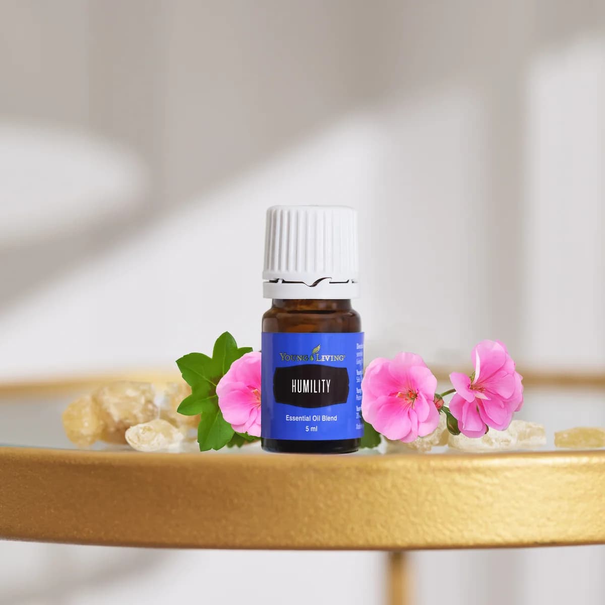 Ein Fläschchen Young Living Humility 5 ml steht auf einem goldgerandeten Glastablett zwischen rosa Blüten, grünen Blättern und Harzstücken.
