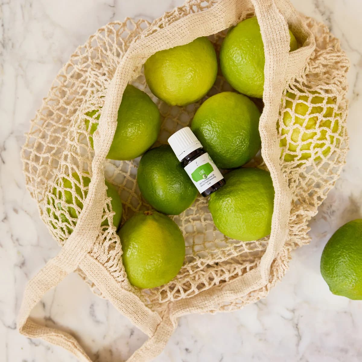 Ein Fläschchen Young Living Lime+ 5 ml liegt zwischen grünen Limetten in einem Netzbeutel aus Baumwolle.
