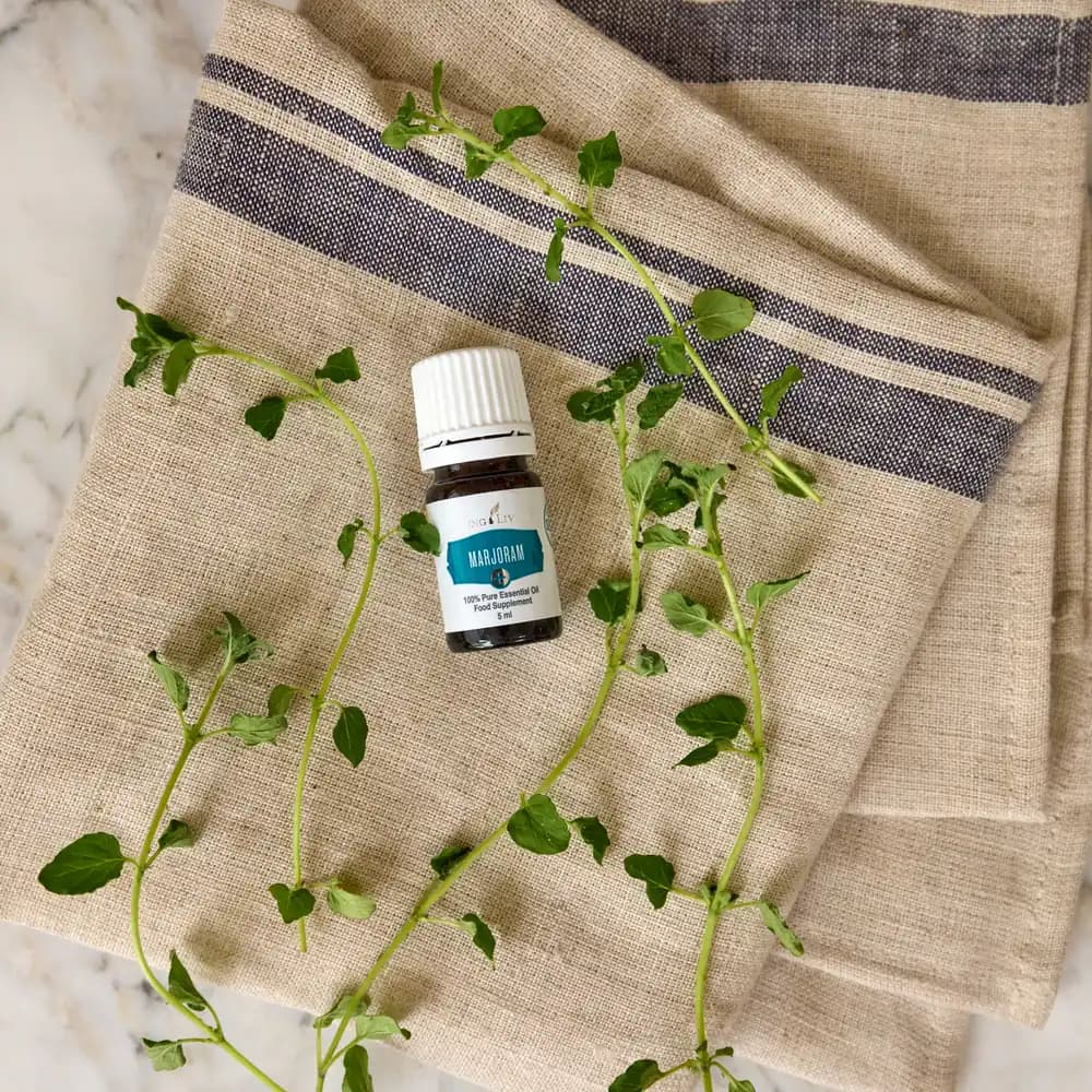 Ein Fläschchen Young Living Marjoram+ 5 ml liegt auf einem gefalteten Leinentuch mit blauem Streifen zwischen frischen Majoranzweigen.
