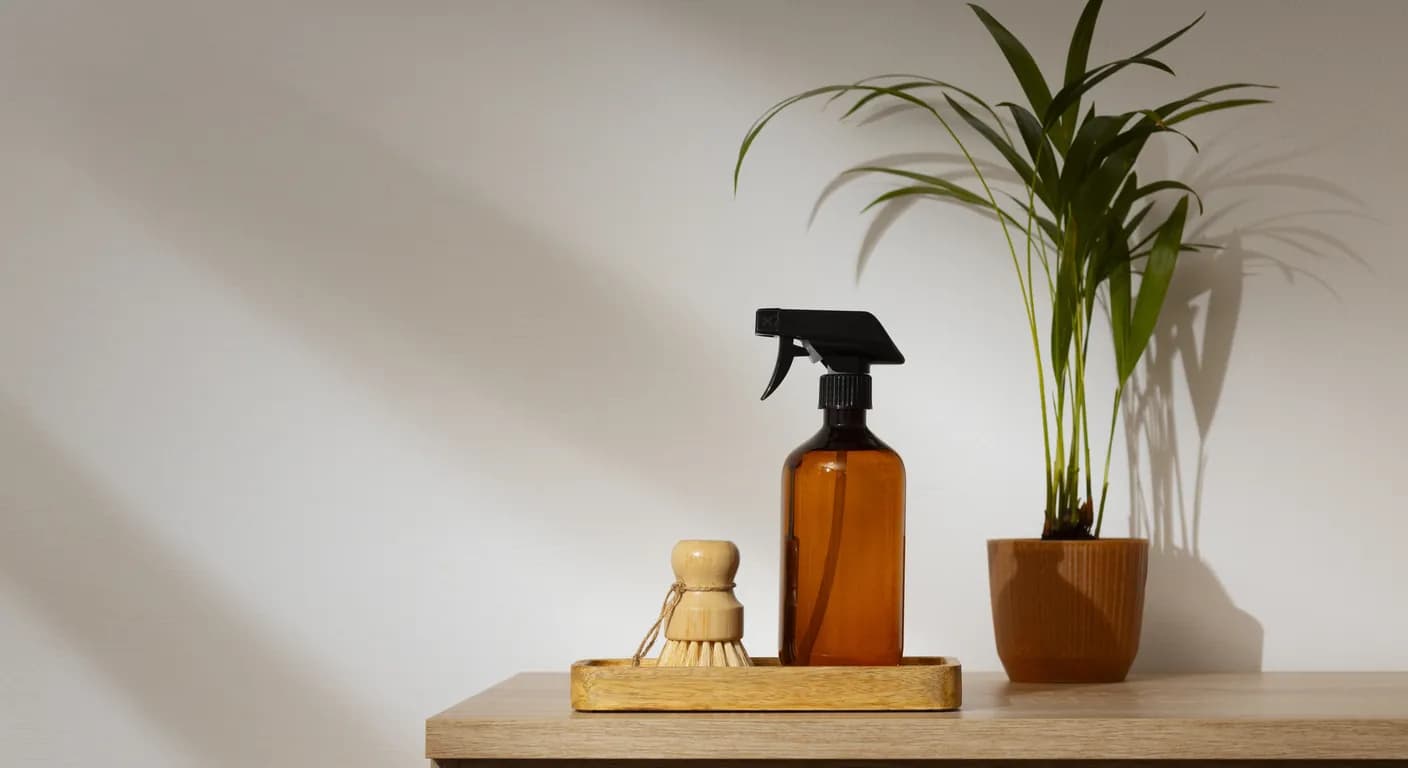 Sprühflasche aus Braunglas und Spülbürste für die natürliche Badreinigung