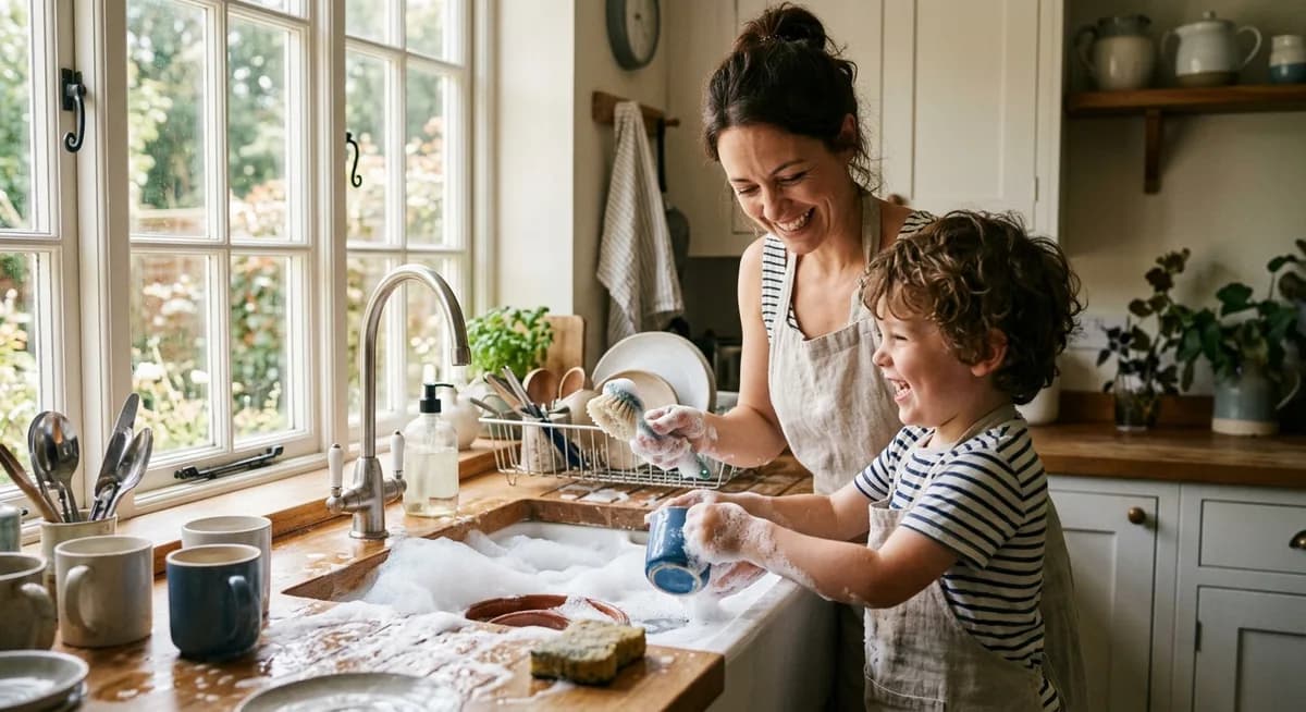 Natürlicher Haushalt mit Kindern – Mutter und Kind spülen gemeinsam in der Küche
