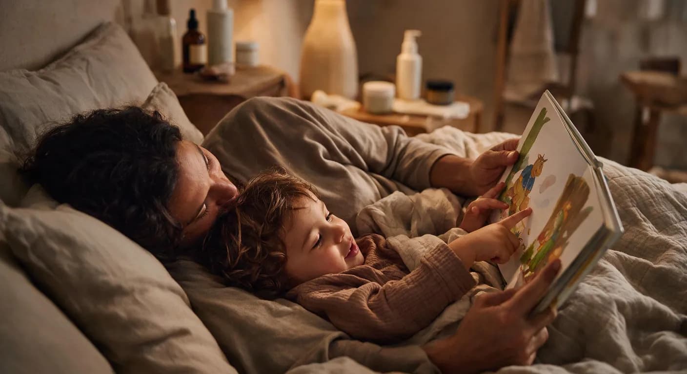 Ein Elternteil liest dem Kind im Bett ein Bilderbuch vor