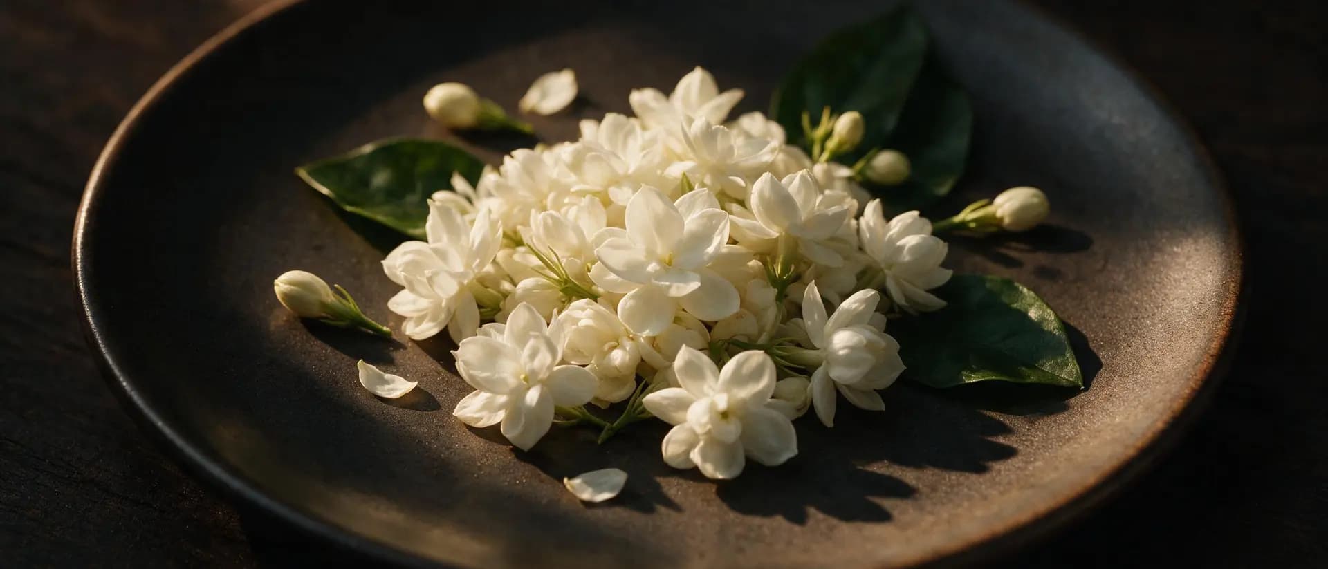 Weiße Jasminblüten auf einem dunklen Teller