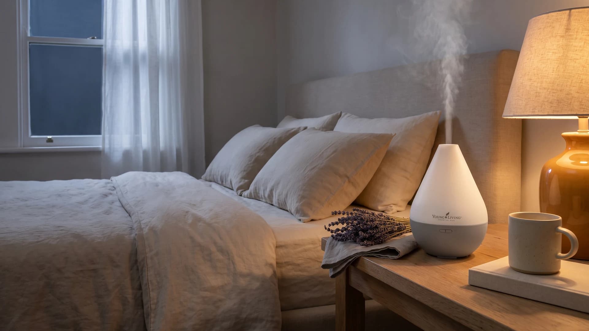 Schlafzimmer in der Dämmerung: hinter dem Vorhang steht noch kühles Restlicht im Fenster, auf dem Holznachttisch arbeitet ein Diffuser mit feiner Nebelfahne, daneben liegt ein Bund getrockneter Lavendel neben einem Leinentuch, rechts brennt eine warme Tischlampe.