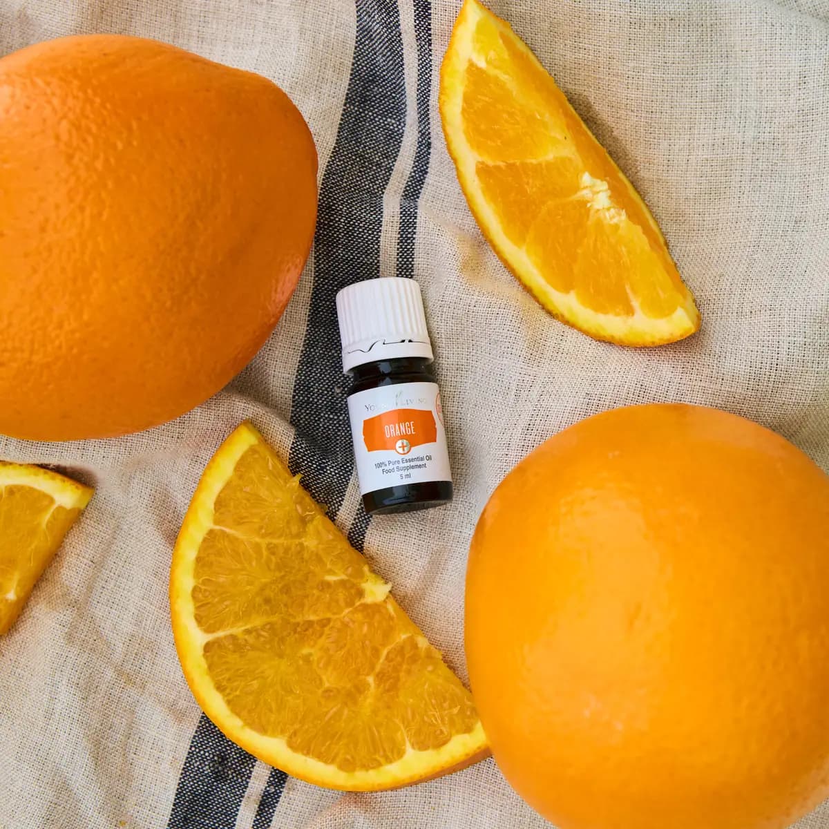 Ein Fläschchen Young Living Orange+ 5 ml liegt zwischen ganzen Orangen und Orangenspalten auf einem hellen Leinentuch mit blauem Streifen.