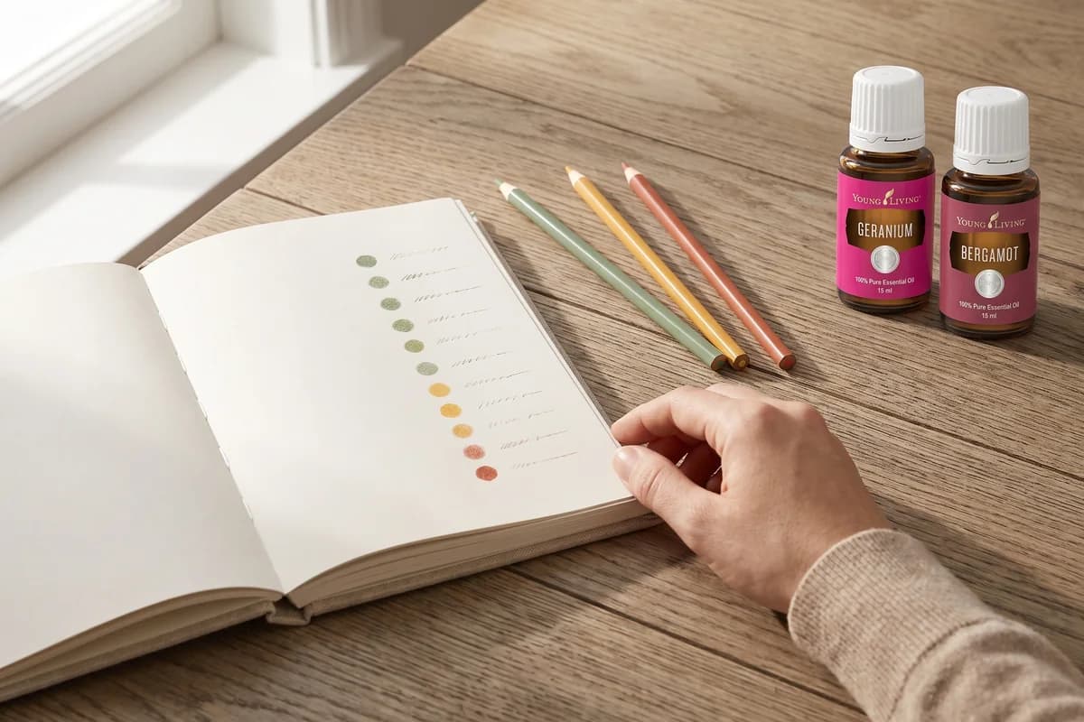 Ein aufgeschlagenes Notizbuch auf einem Holztisch am Fenster mit einer Spalte gemalter Punkte, die von Salbeigrün über Honiggelb nach Terrakotta verläuft, davor drei Buntstifte und im Hintergrund zwei Young-Living-Fläschchen (Geranium, Bergamot)