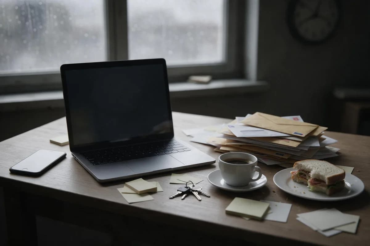 Ein voller Holztisch vor einem regennassen Fenster im grauen Tageslicht: ein aufgeklappter Laptop mit dunklem Bildschirm, ein umgedrehtes Handy, ein Stapel ungeöffneter Briefumschläge, eine Tasse Kaffee, ein Schlüsselbund, verstreute leere Haftnotizen und ein angebissenes Sandwich auf einem Teller, an der Wand unscharf eine Uhr