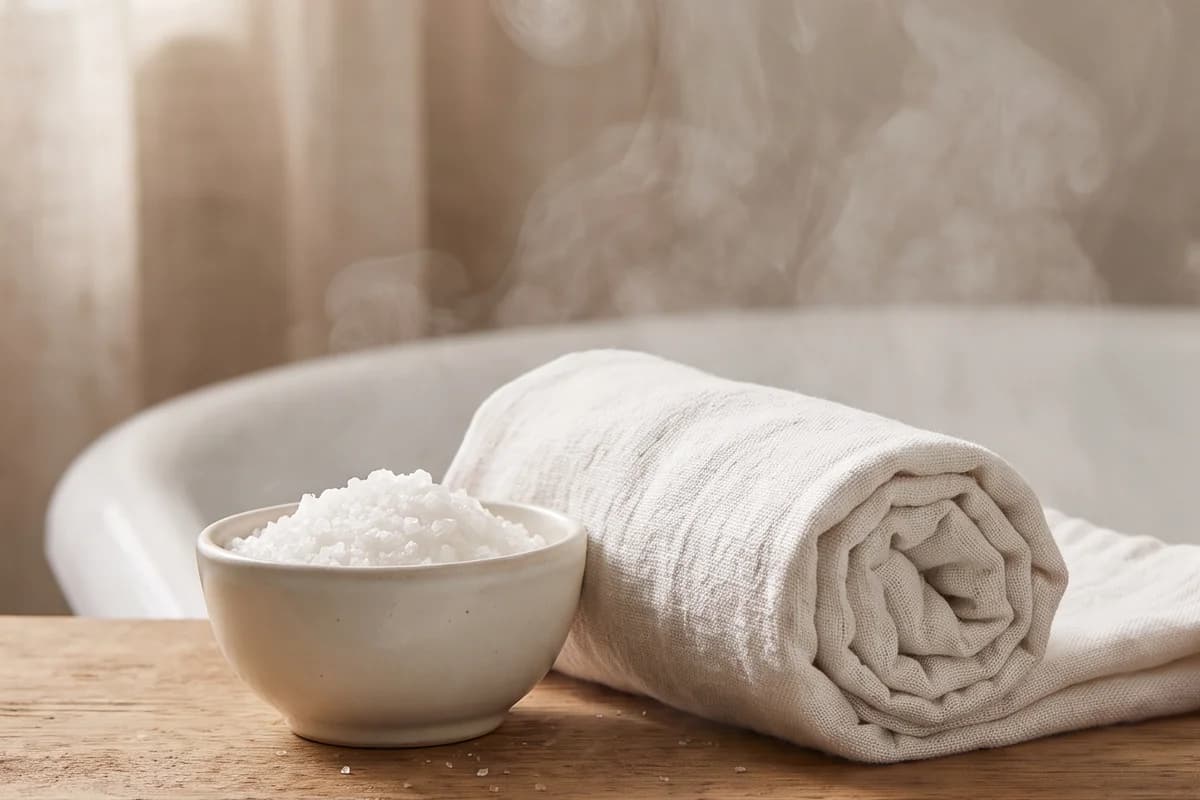 Der Rand einer dampfenden Badewanne mit einem Holzbrett darüber, darauf eine Schale groben Badesalzes und ein gerolltes Leinenhandtuch, im Hintergrund aufsteigender Dampf im warmen Licht