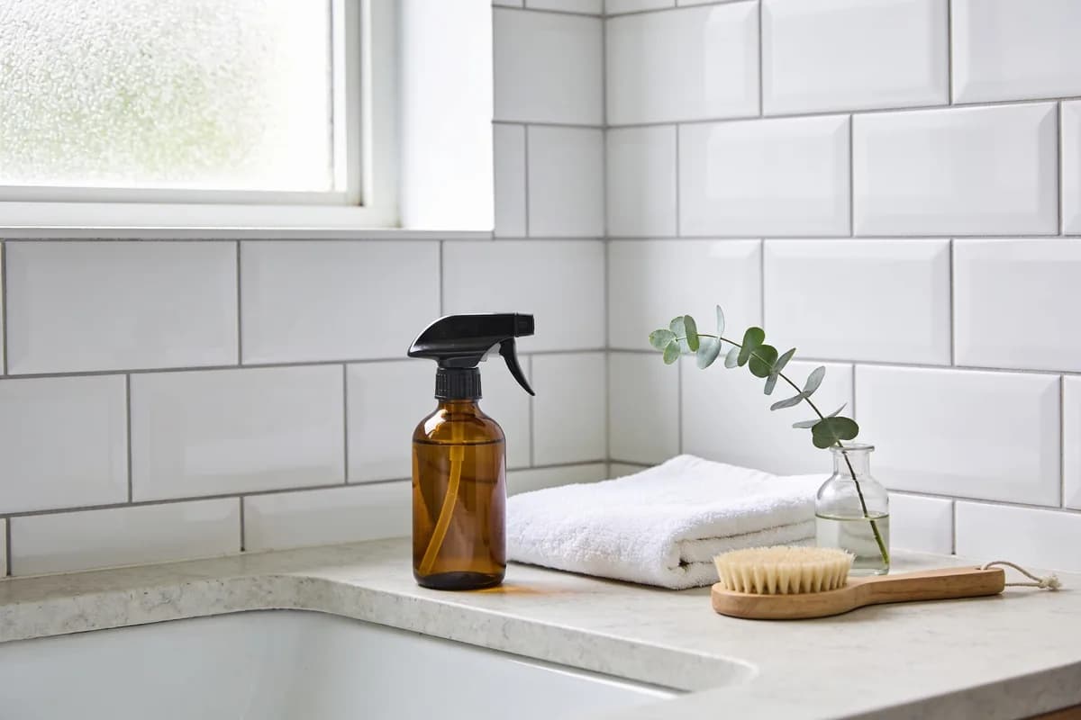 Waschbecken vor weiß gefliester Wand im Streulicht eines Fensters, davor eine Sprühflasche, ein gefaltetes Handtuch, ein Eukalyptuszweig in einer kleinen Vase und eine Holzbürste.