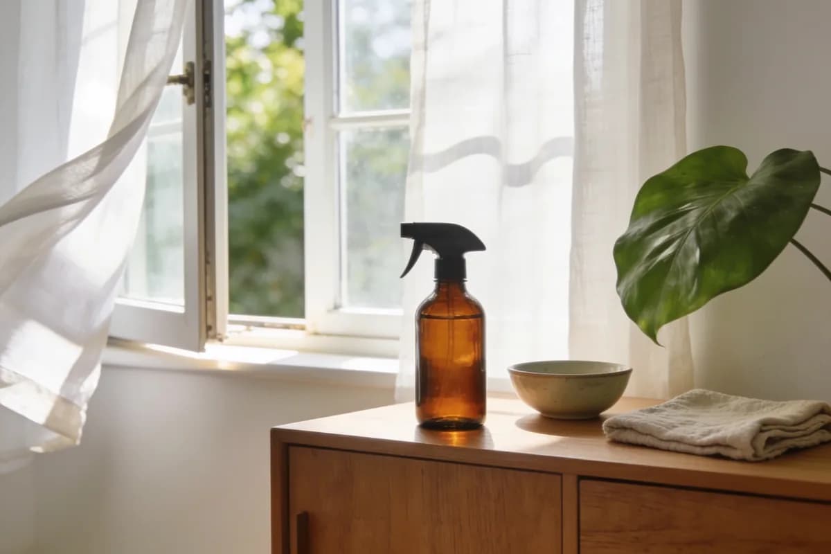 Offenes Fenster mit leicht wehender Gardine, davor auf einem Sideboard ein Monstera-Blatt, eine Sprühflasche, eine Schüssel und ein gefaltetes Tuch.
