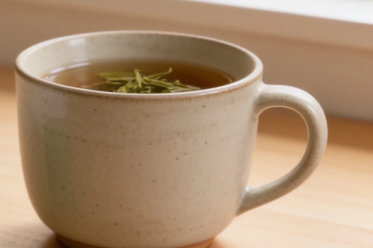Eine helle Steingut-Tasse Kräutertee mit einem grünen Zweig darin auf einem hellen Holztisch am Fenster