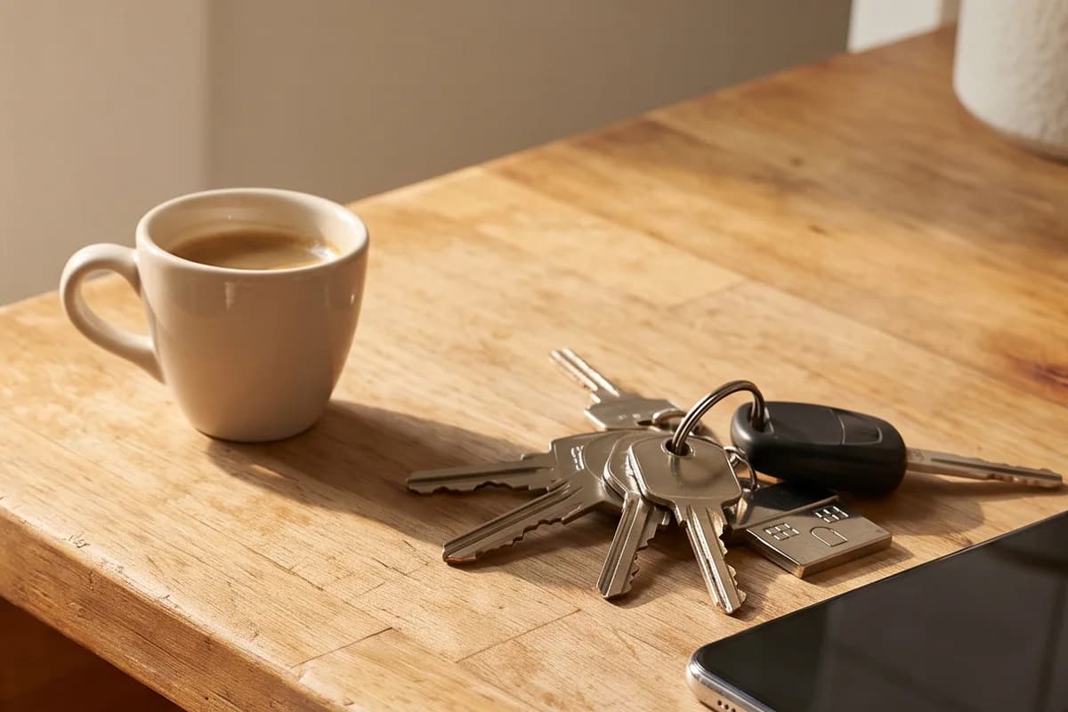 Eine Tasse Espresso, ein Schlüsselbund mit Autoschlüssel und ein Smartphone auf einer hellen Holz-Tischkante am Fenster