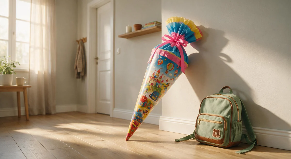 Bunte Schultüte und ein kleiner Schulranzen stehen im Morgenlicht bereit im Flur – der Moment vor dem ersten Schultag