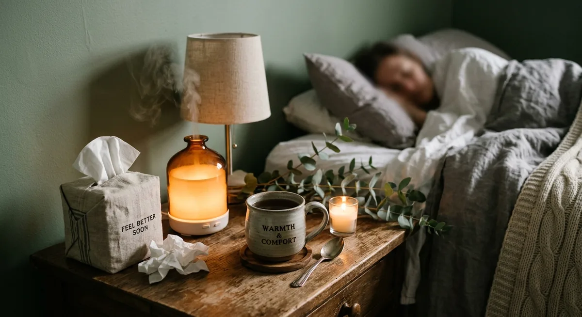 Nachttisch mit Diffuser und Taschentüchern