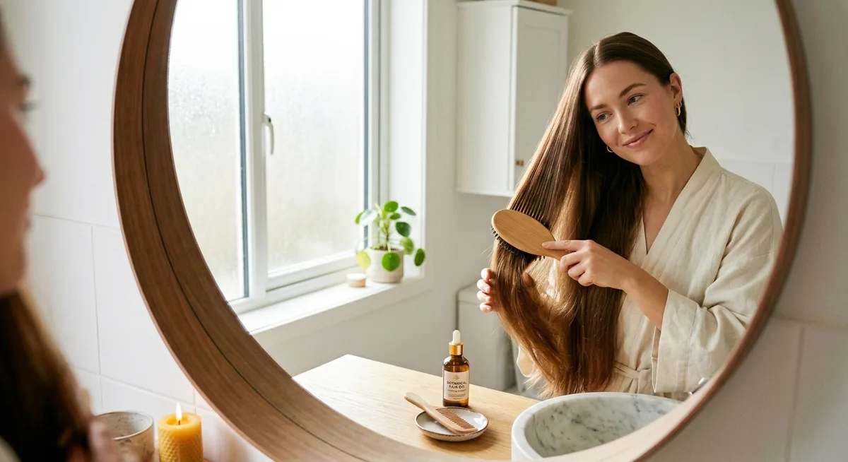 Frau bürstet gesundes Haar