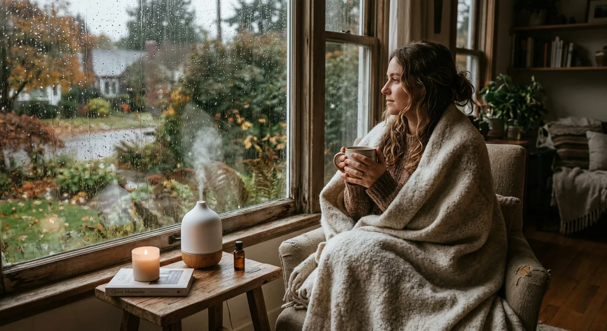 Frau am Fenster mit Tee