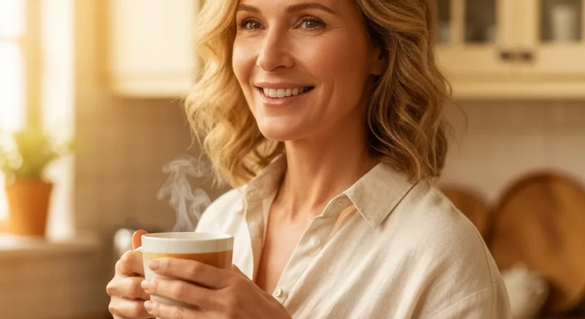 Frau genießt eine Tasse Tee in der Küche