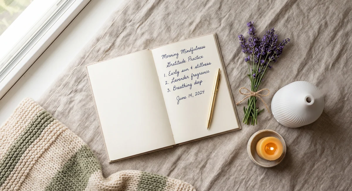 Journal mit Lavendel und Kerze für die Abendroutine